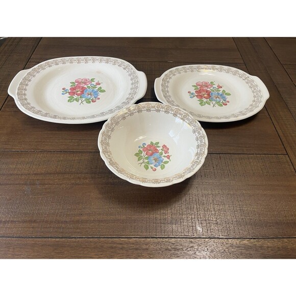 FRENCH SAXON CHINA UNION MADE U.S.A.~22 KT GOLD 2 SERVING PLATTERS AND BOWL VTG - Picture 2 of 16